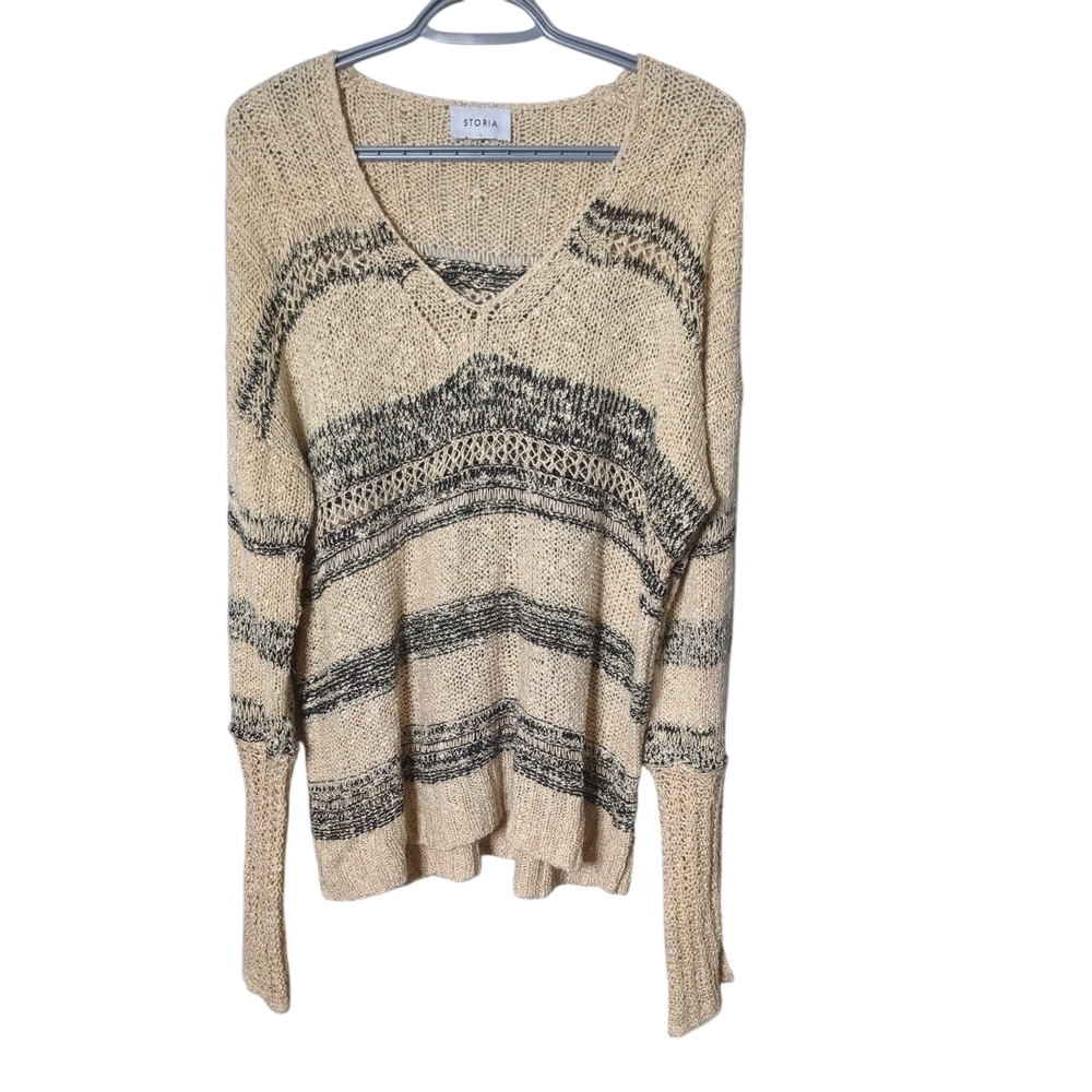 Storia Loose‎ Knit Neutral Striped V Neck Sweater Size Large